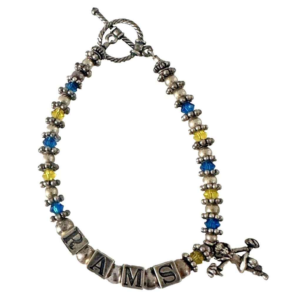 Sterling Silver RAMS Cheerleader Charm Bead Bracelet 7" Blue Yellow Crystals 925
